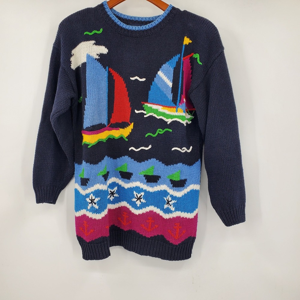 Vintage Best American Sailboat Nautical Knit Sweater M Coastal Grandma Preppy